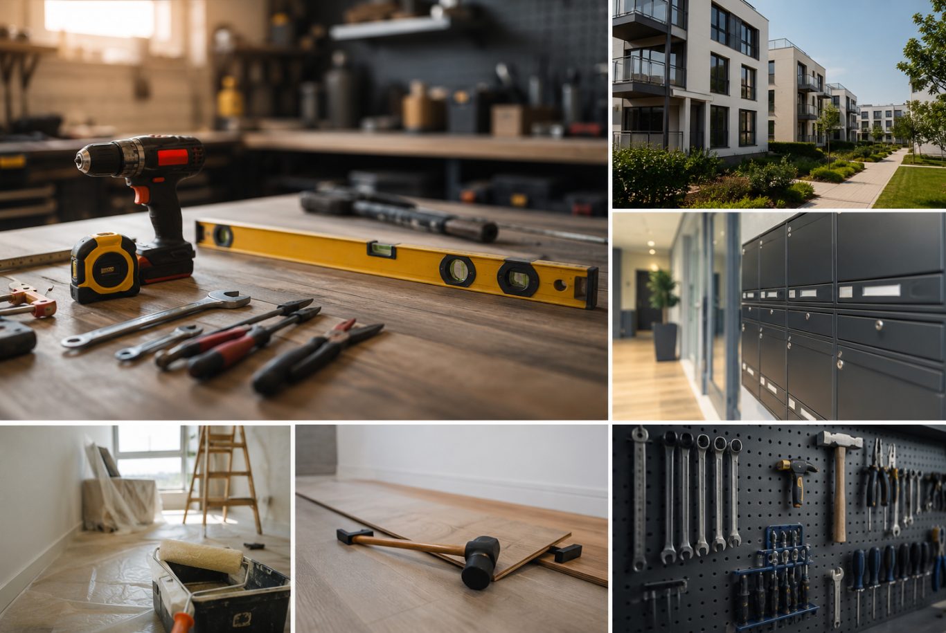 Handwerksservice, Handwerk, Hausmeisterdienst Werkzeuge und Baustelle in einem modernen Wohnumfeld.